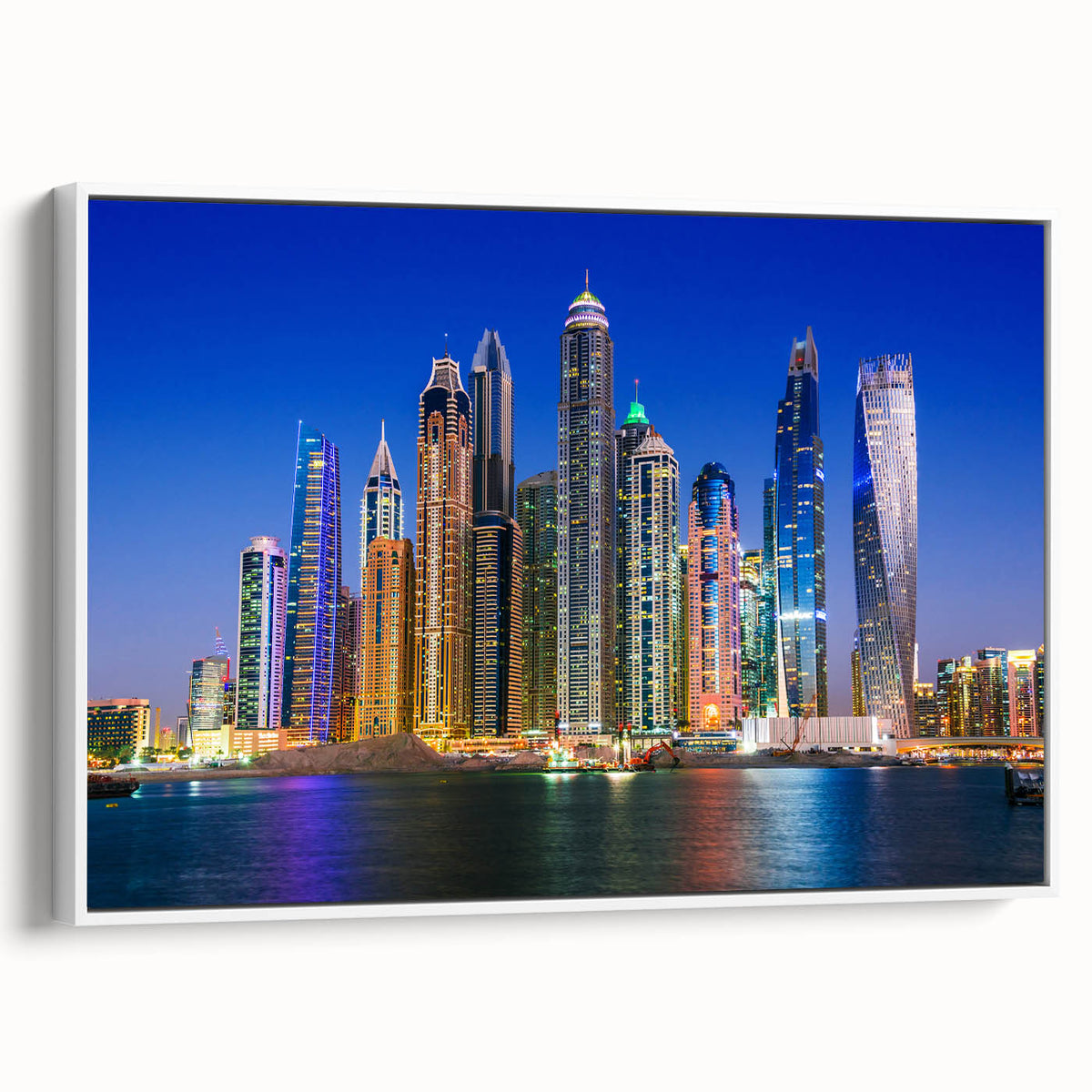 Vintage poster art of Dubai skyline in vibrant colors on a large framed canvas, suitable for living room decor.