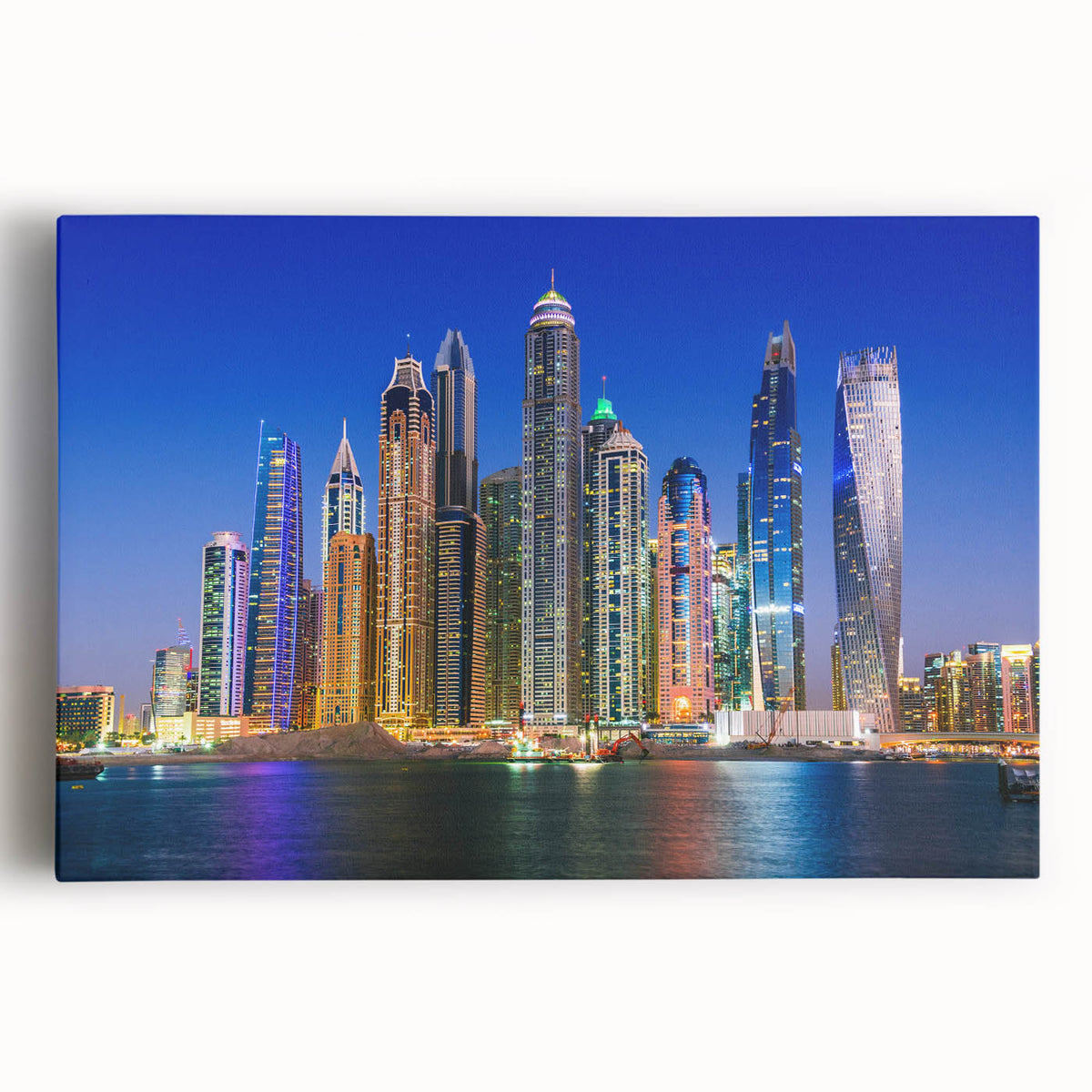 Black and white stretched canvas of Dubai skyline with large skyscrapers, ideal for kitchen wall art.