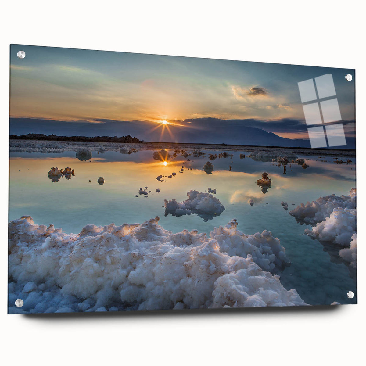 Acrylic print of the Dead Sea in muted blue and beige tones, suitable for bedroom or dining room decor.
