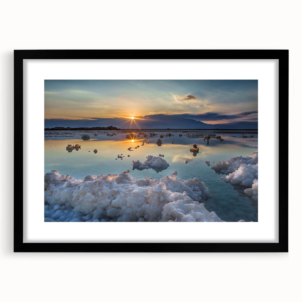 Abstract art print of the Dead Sea in vibrant colors on a textured, extra large canvas, ideal for living room decor.
