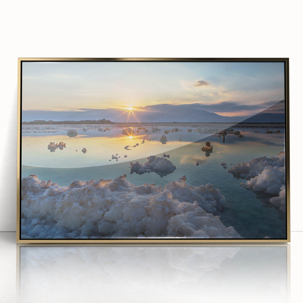 Mid-century modernist art of the Dead Sea in muted gold and blue tones on a framed acrylic.