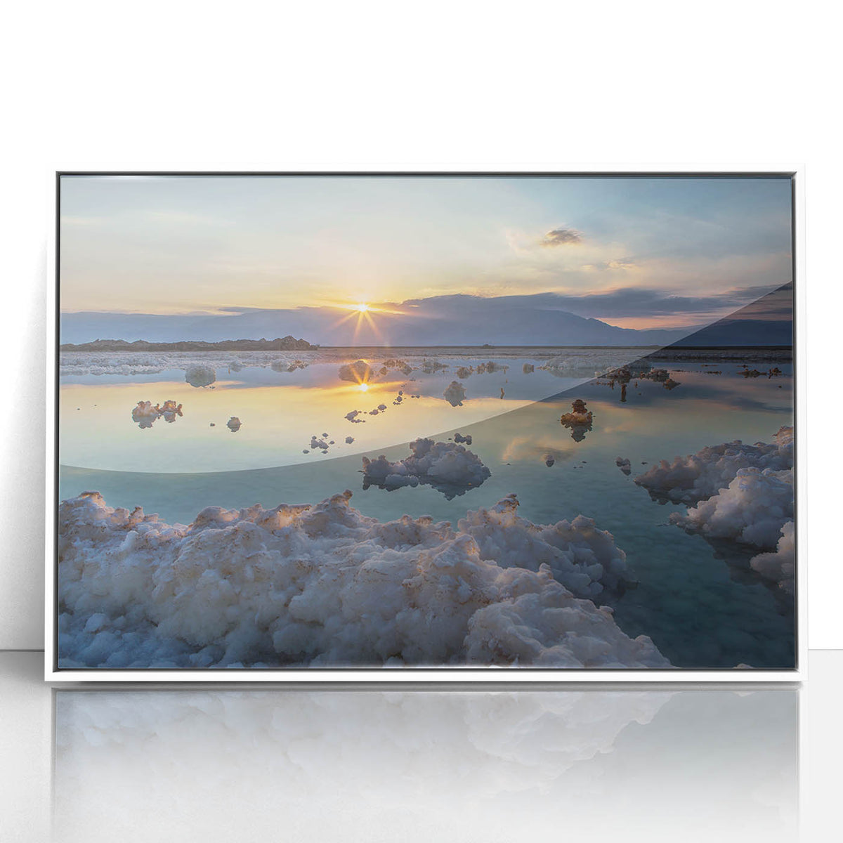 Art deco poster of the Dead Sea in muted blue and white tones, framed acrylic, ideal for modern art wall decor.