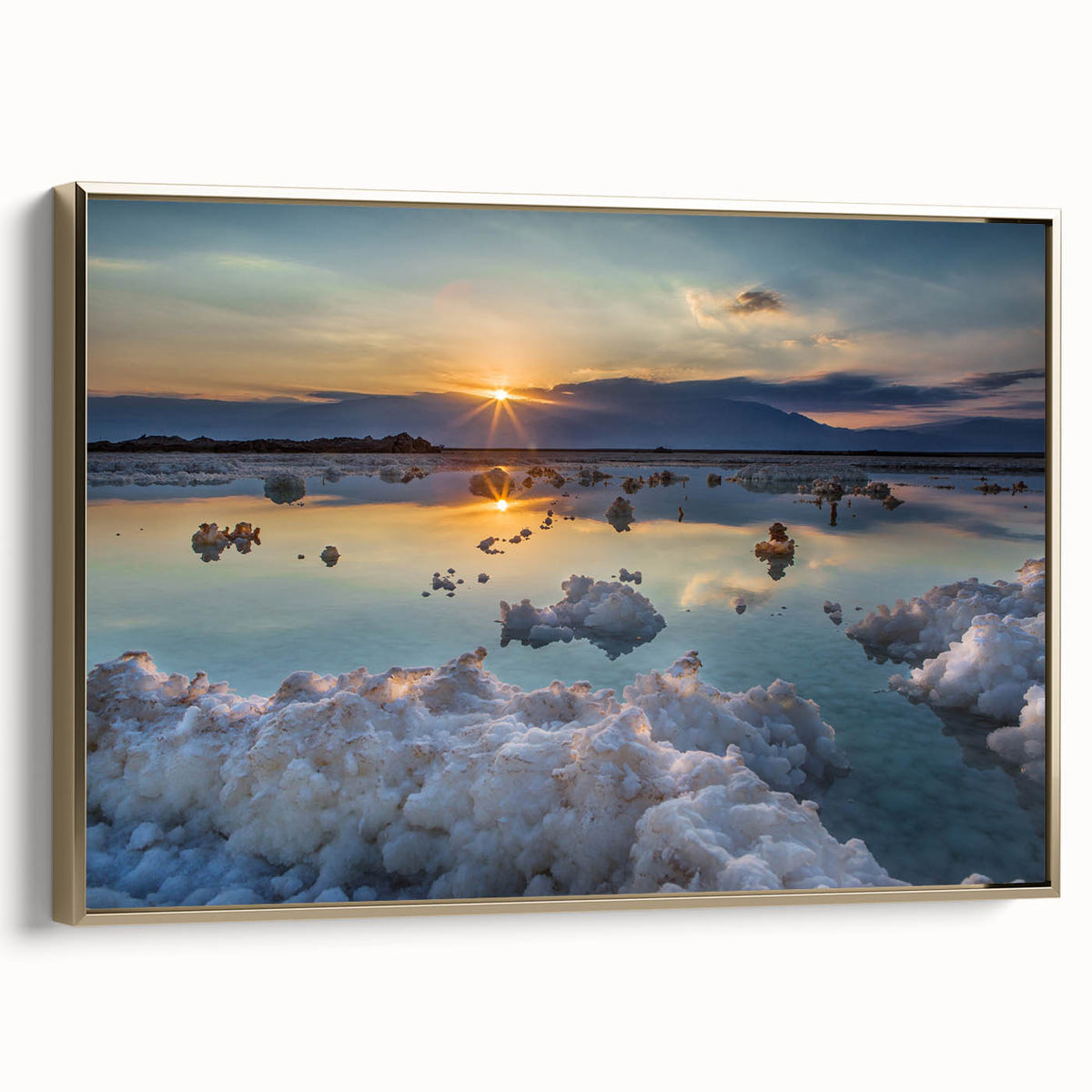 Framed canvas depicting the Dead Sea landscape in muted gold and black tones, suitable as wall art for bedroom.
