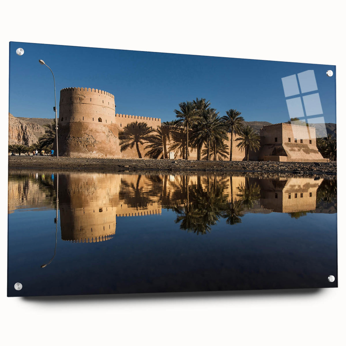 Large abstract wall art of a Middle Eastern scenery in muted earth tones on acrylic glass.