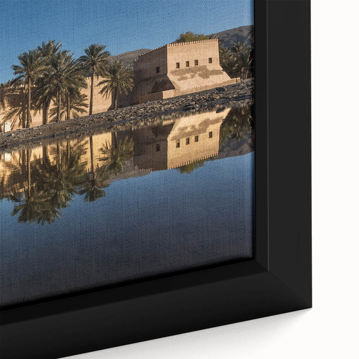 Extra large framed canvas featuring a textured, colorful Middle Eastern Oman scenery in black, ideal for living room decor.