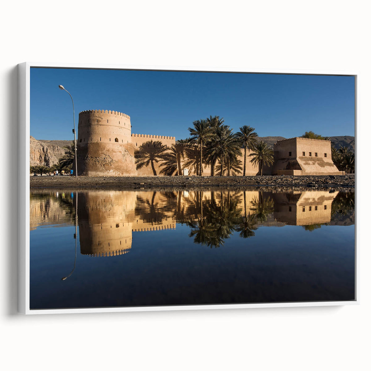 Vintage poster art featuring a scenic Middle Eastern landscape on extra large framed canvas, ideal for living room decor.