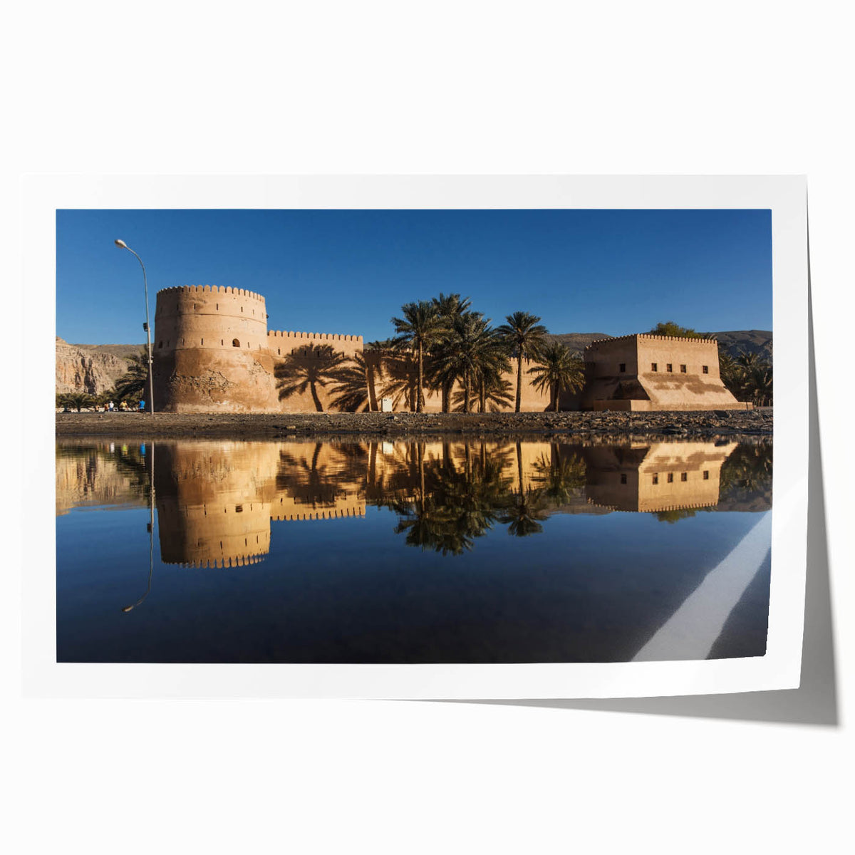 Extra large rolled print depicting Middle Eastern scenery in Oman with floral motifs in muted earth tones.
