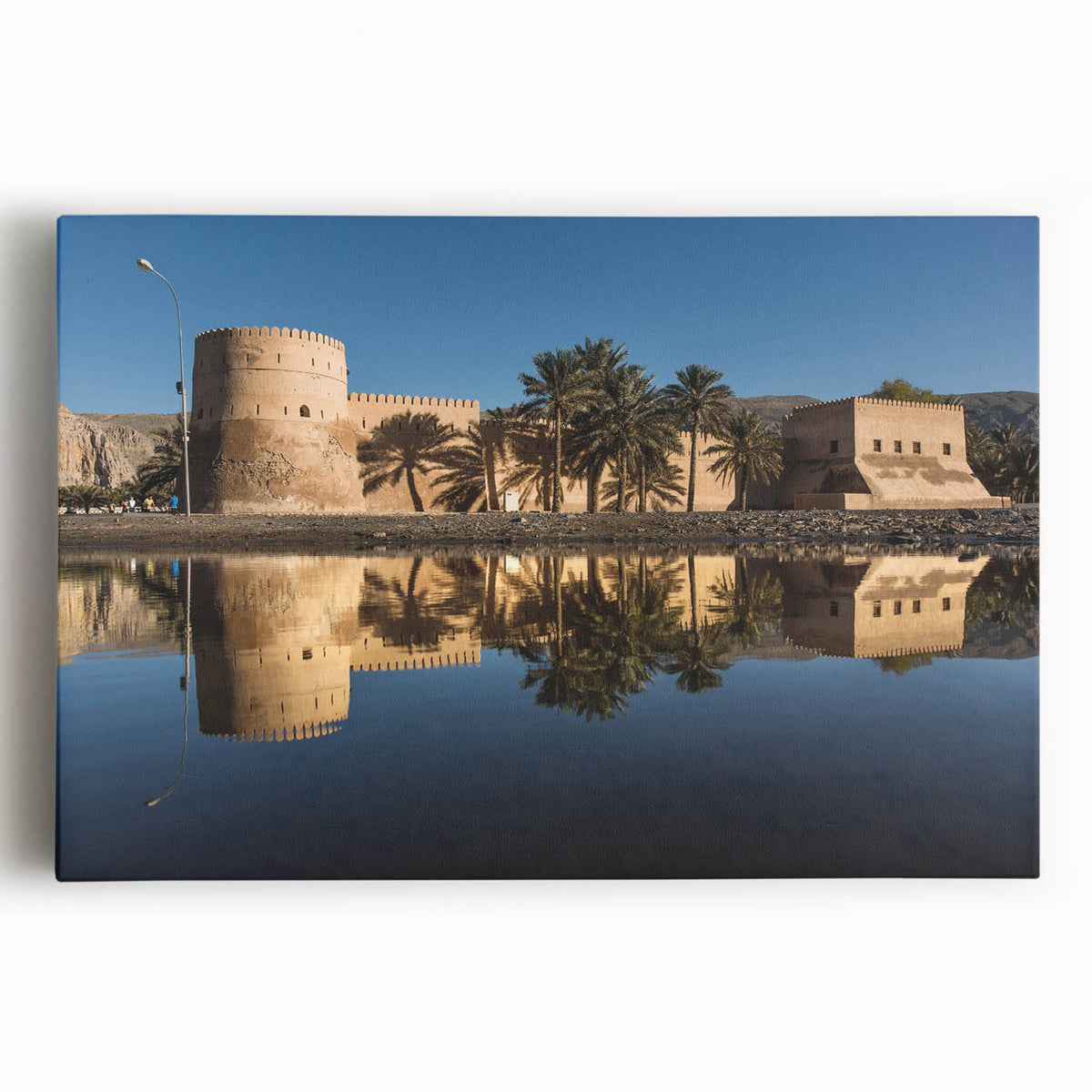 Black and white panoramic photo of Oman's landscape on stretched canvas, suitable for kitchen art.