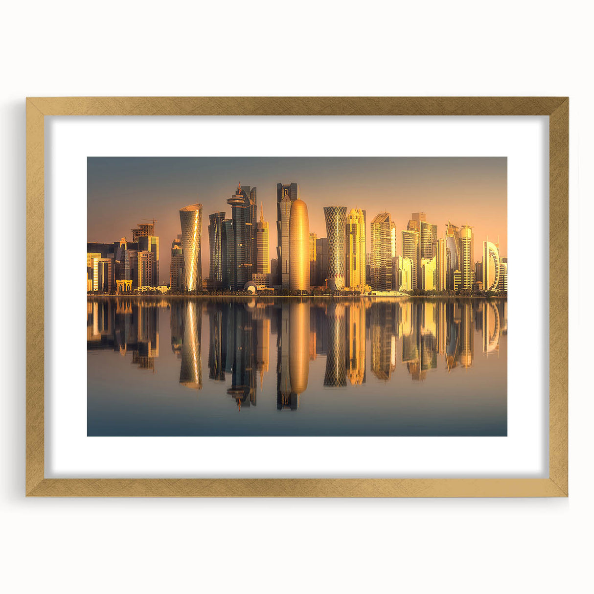 Extra large framed wall art featuring abstract textured scenery of Qatar in gold and earth tones.