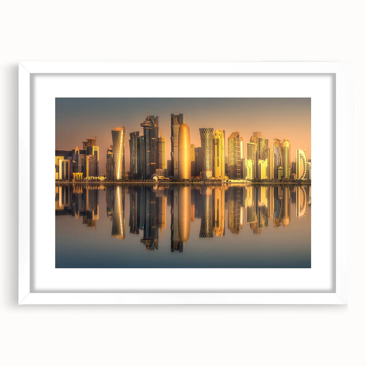 Abstract art print featuring a stylized Qatar scenery in muted earth tones on a framed white mat.