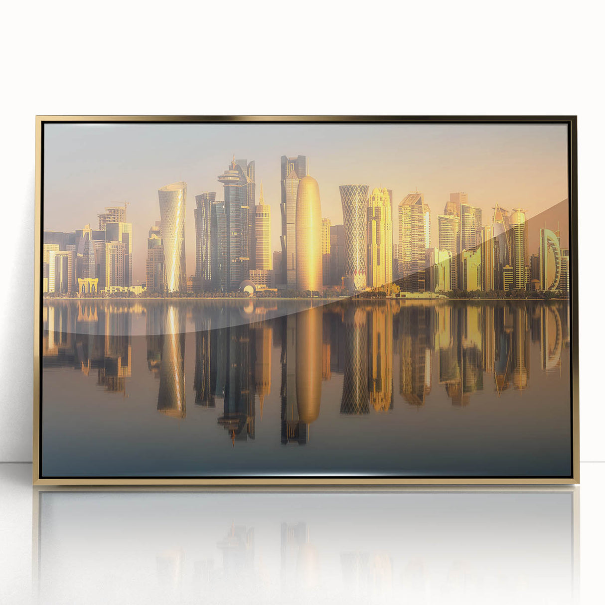 Acrylic print of a Qatar scenery in gold tones, framed, reflecting mid-century modernist style.