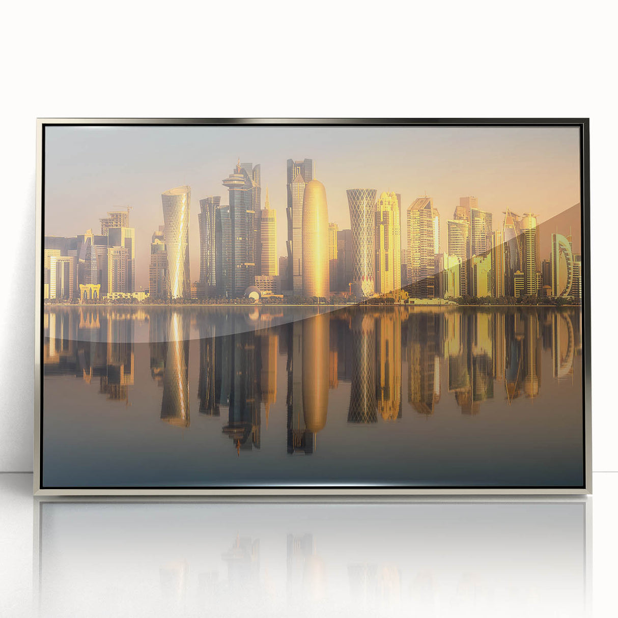 Mid-century modernist art of Qatar scenery in silver framed acrylic, with neutral tones, ideal for modern art wall decor.