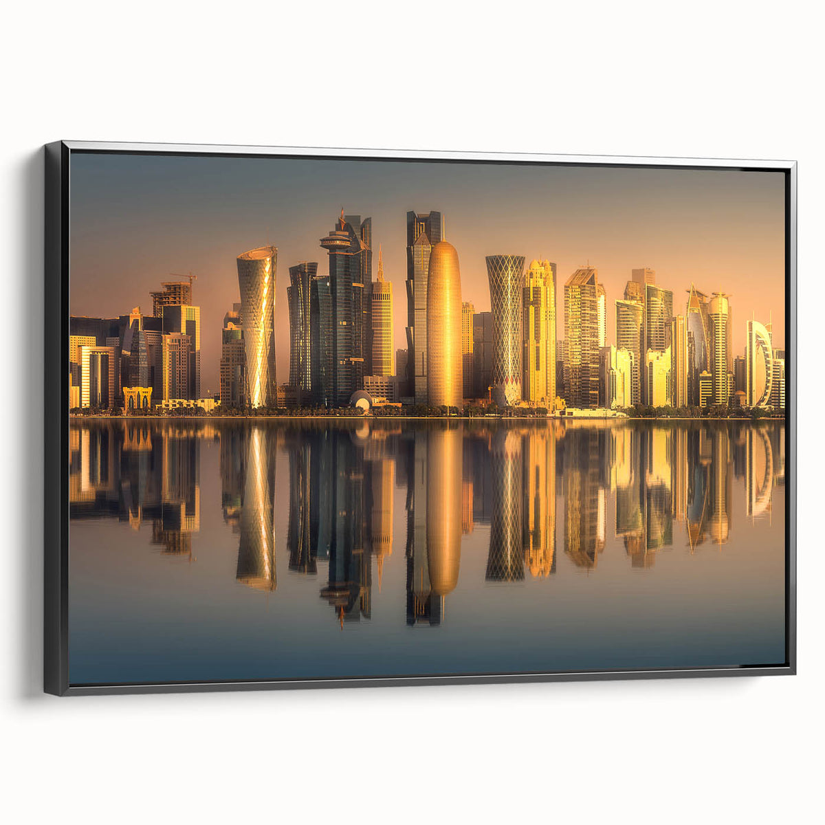 Black and white wall art featuring a vintage poster style landscape of Qatar on framed canvas, suitable for bedroom decor.