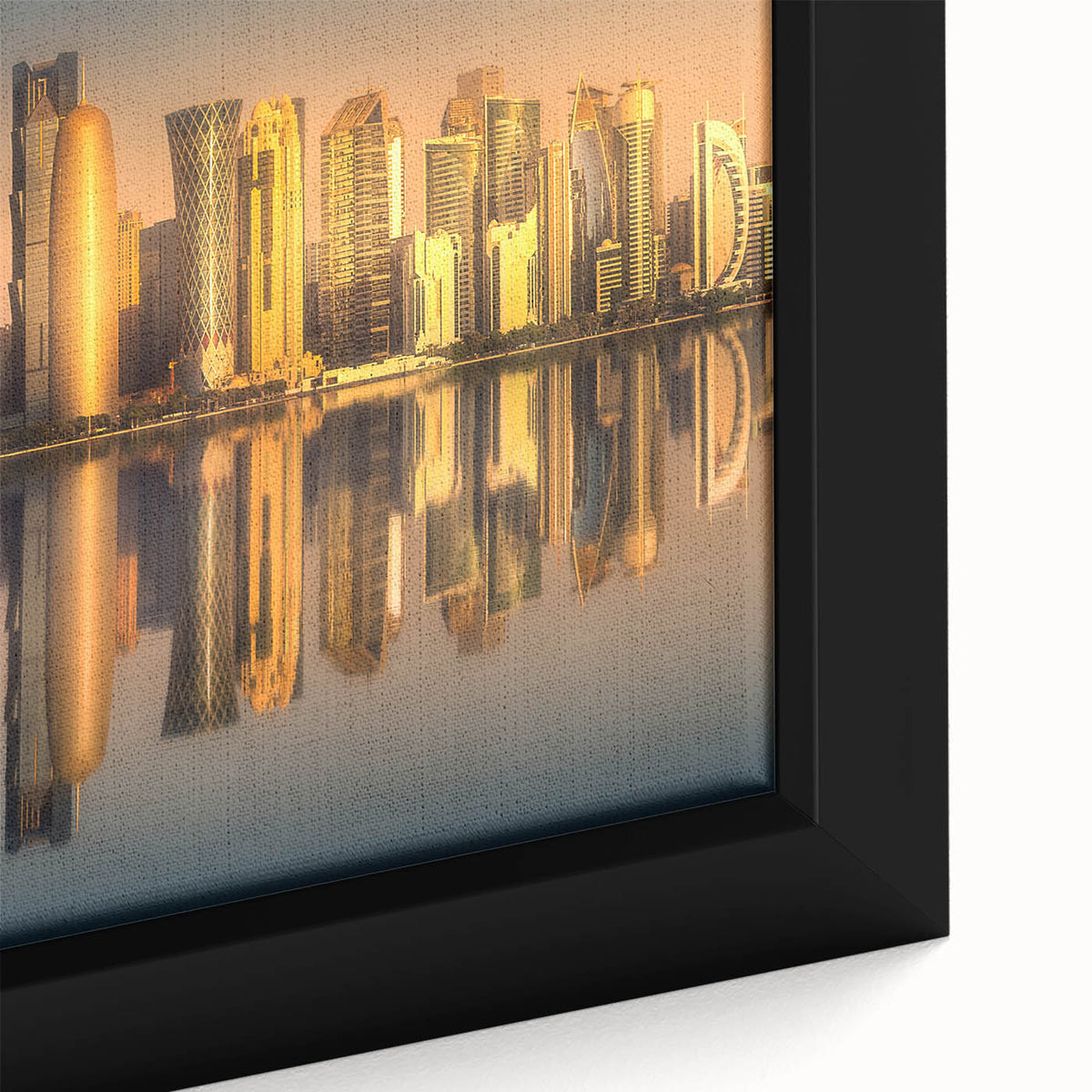 Extra large framed canvas featuring a black textured skyline of Qatar with colorful accents, ideal for living room decor.