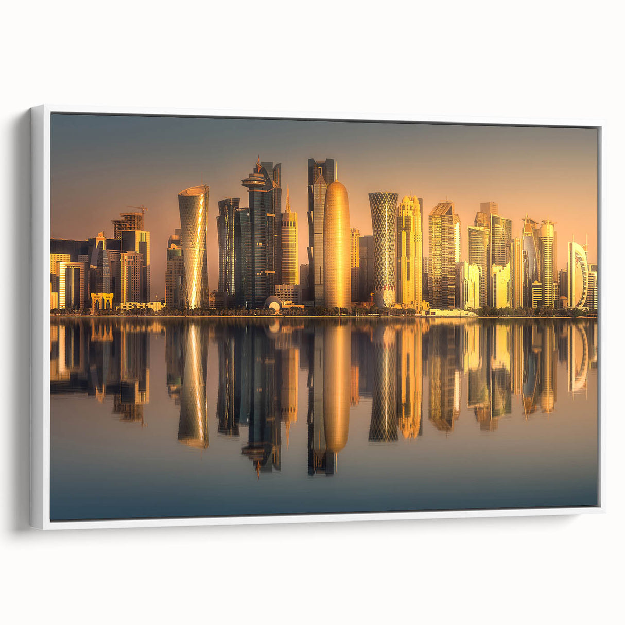 Vintage poster art of Middle East Qatar scenery on a framed canvas, with colorful palette, ideal for living room decor.