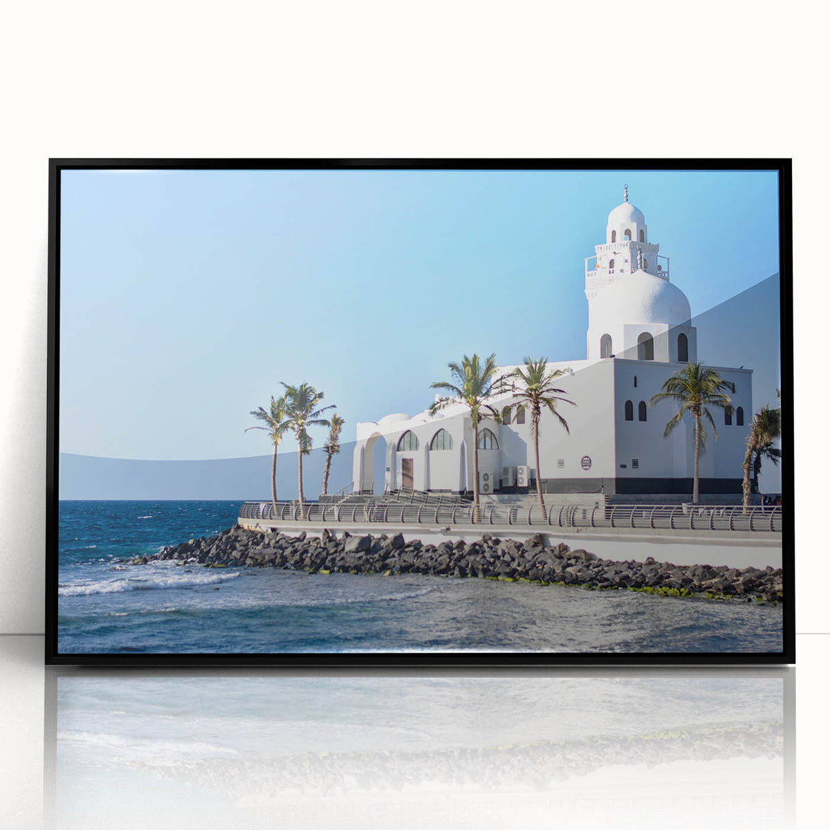 Large abstract wall art featuring a stylized Saudi Arabian landscape in muted earth tones on a framed acrylic print.