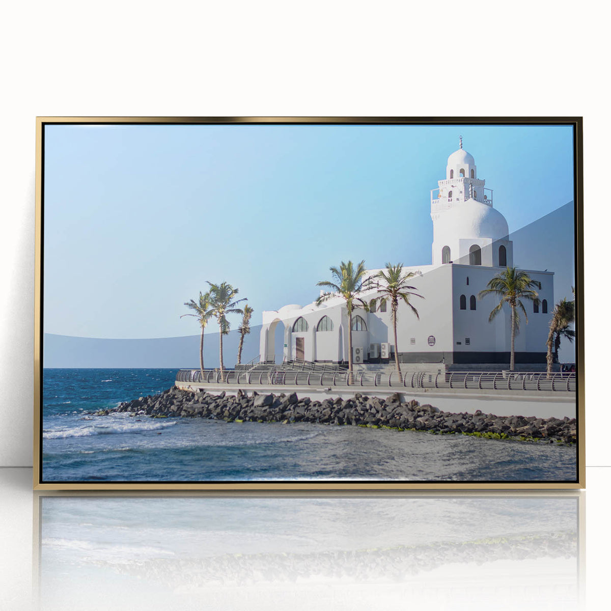 Acrylic print of a Middle-Eastern scenery with golden hues, framed for modern nursery or living room decor.