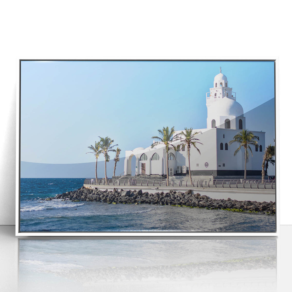 Art deco poster of a Saudi Arabian landscape in muted earth tones on a framed acrylic, suitable for modern art wall decor.