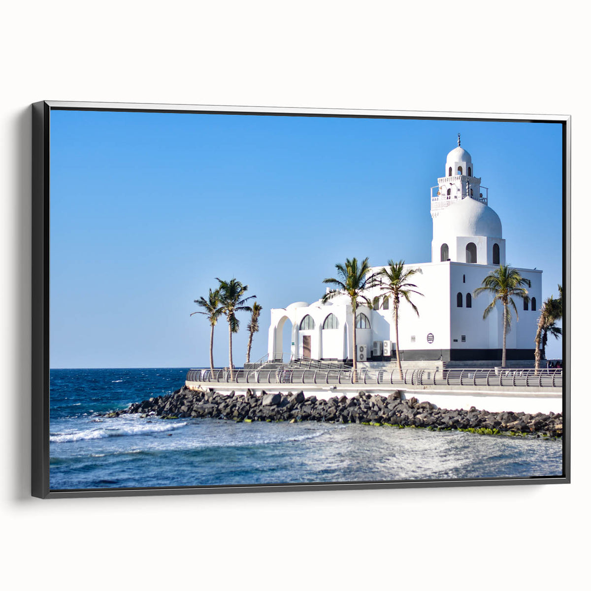 Black and white framed canvas depicting a vintage-style Saudi Arabian landscape, ideal for bedroom decor.