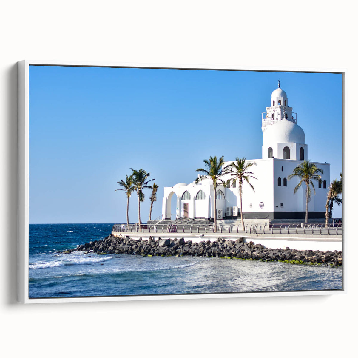 Vintage poster art of a Middle Eastern scenery on framed canvas, with a mix of vibrant and muted tones.
