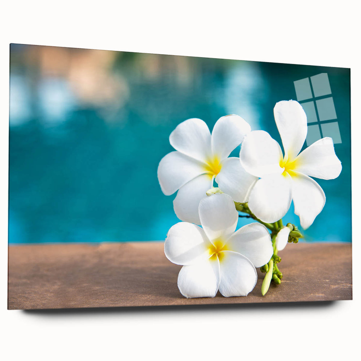 Large abstract wall art of Bora Bora's oceanic landscape in muted blue tones on acrylic glass.