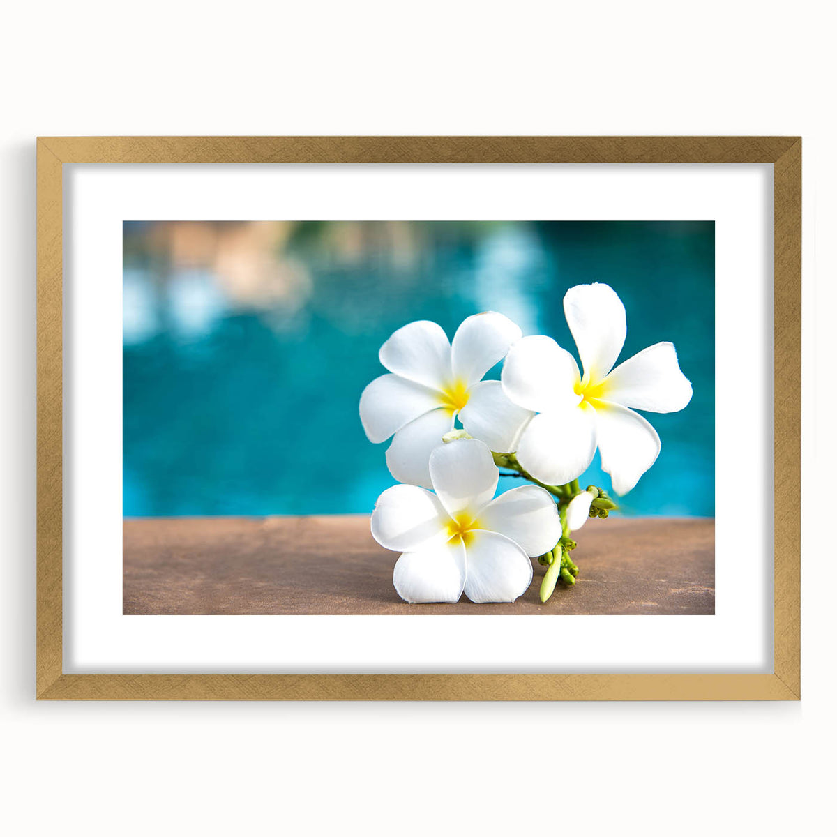 Extra large abstract art print of French Polynesia's oceanic scenery in pastel shades on a gold-framed canvas.