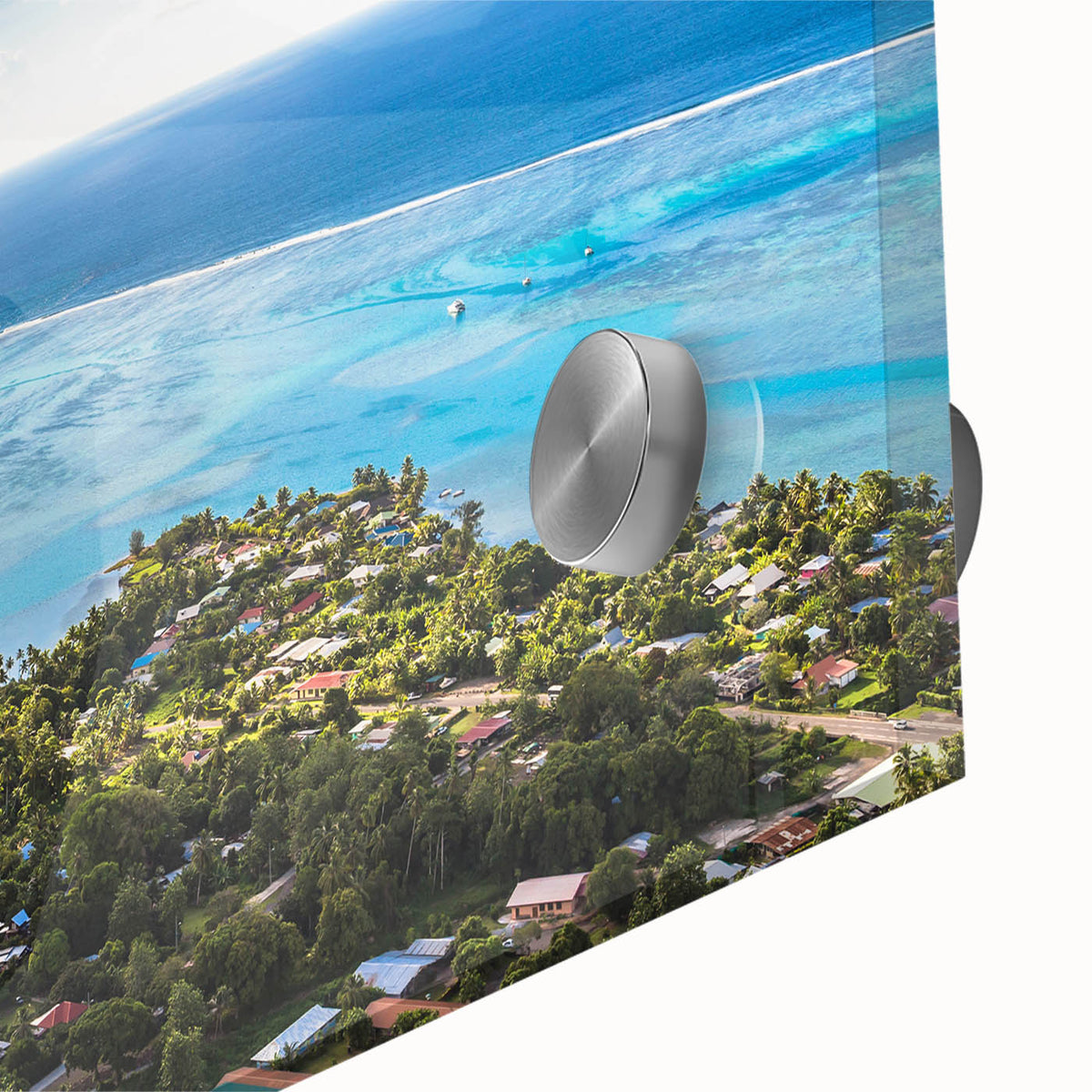 Large abstract wall art of Tahiti's oceanic scenery in vibrant blues and greens on acrylic glass.