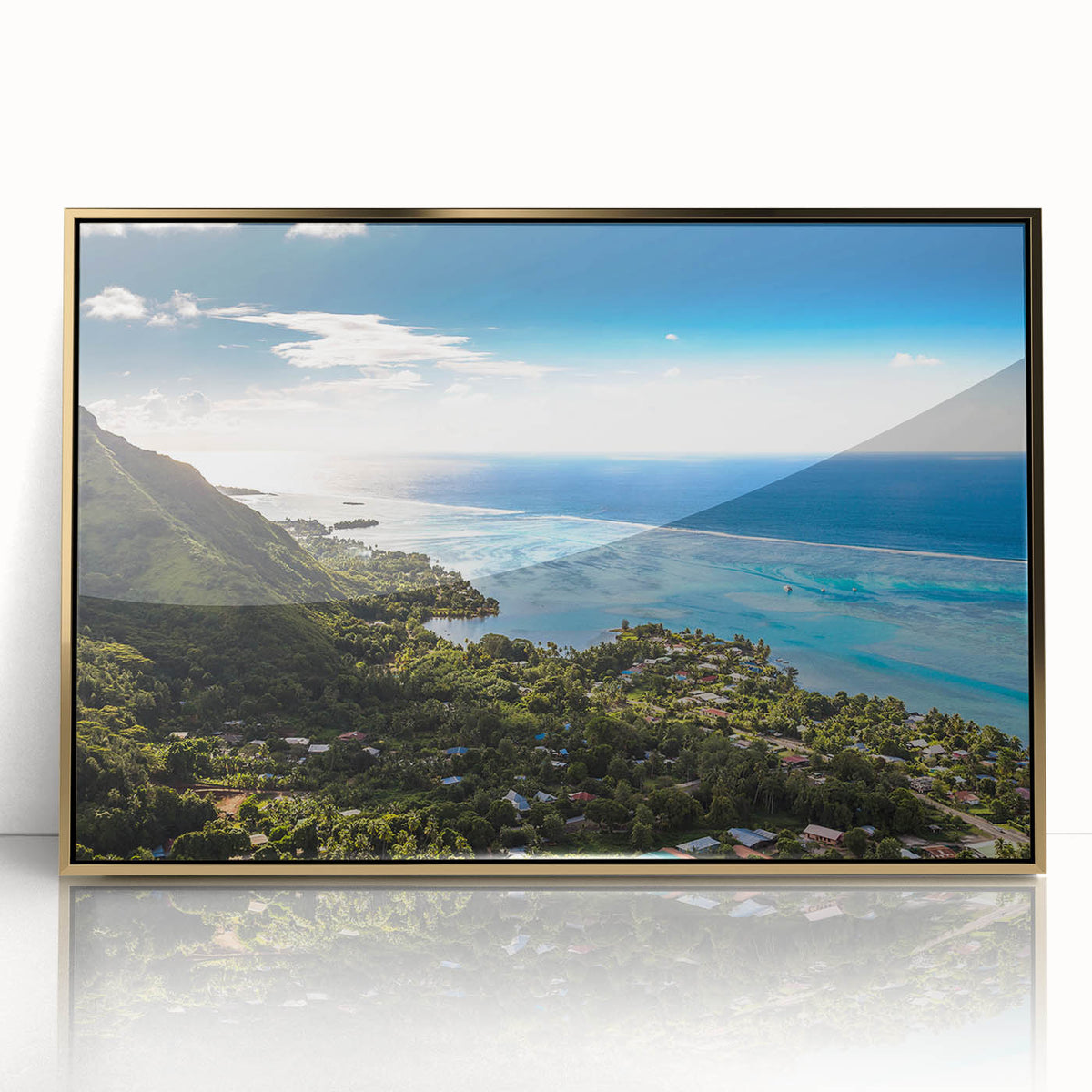 Framed acrylic print of a serene Tahiti beachscape in muted blue and sandy hues, ideal for modern art wall decor.