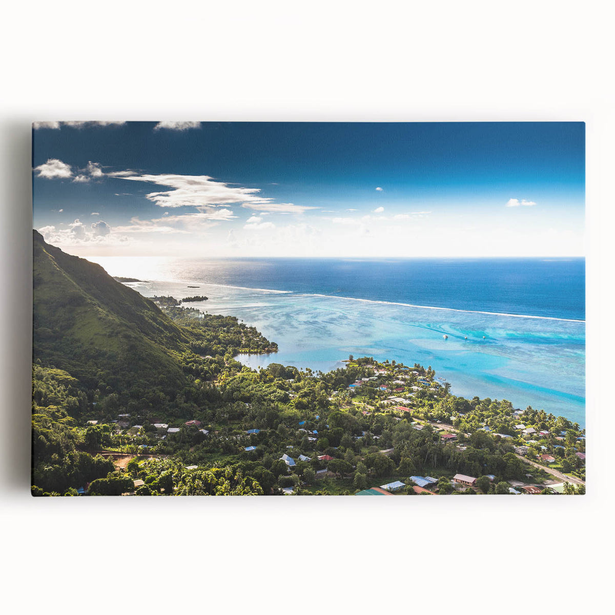 Black and white stretched canvas of Tahiti's coastal scenery, ideal for kitchen wall art.