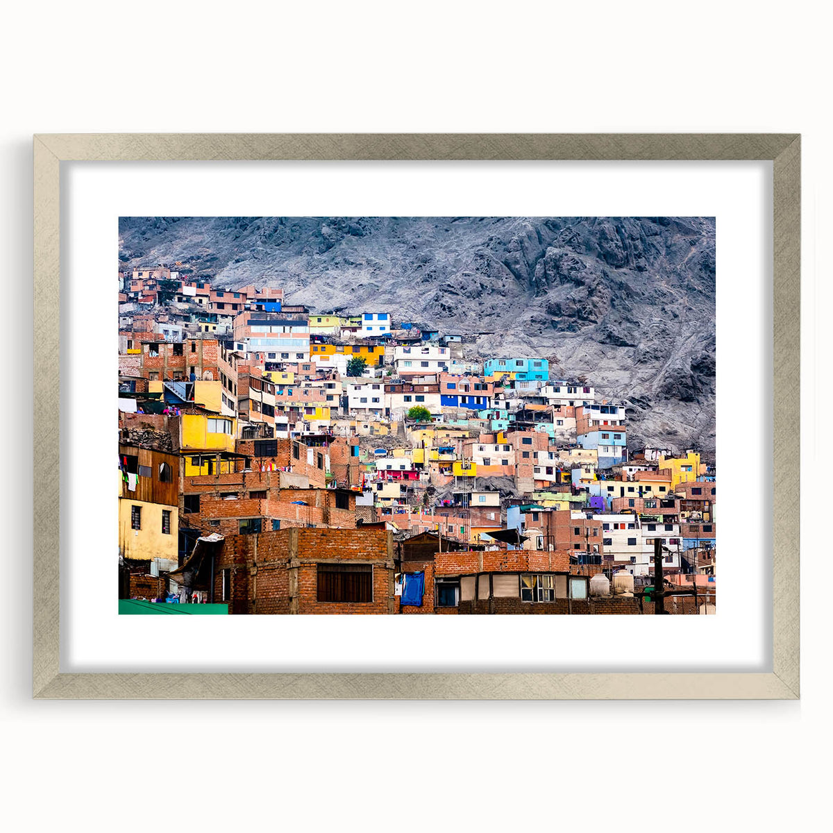 Textured abstract art print of a Peruvian landscape in muted earth tones on a framed canvas, suitable for bedroom decor.