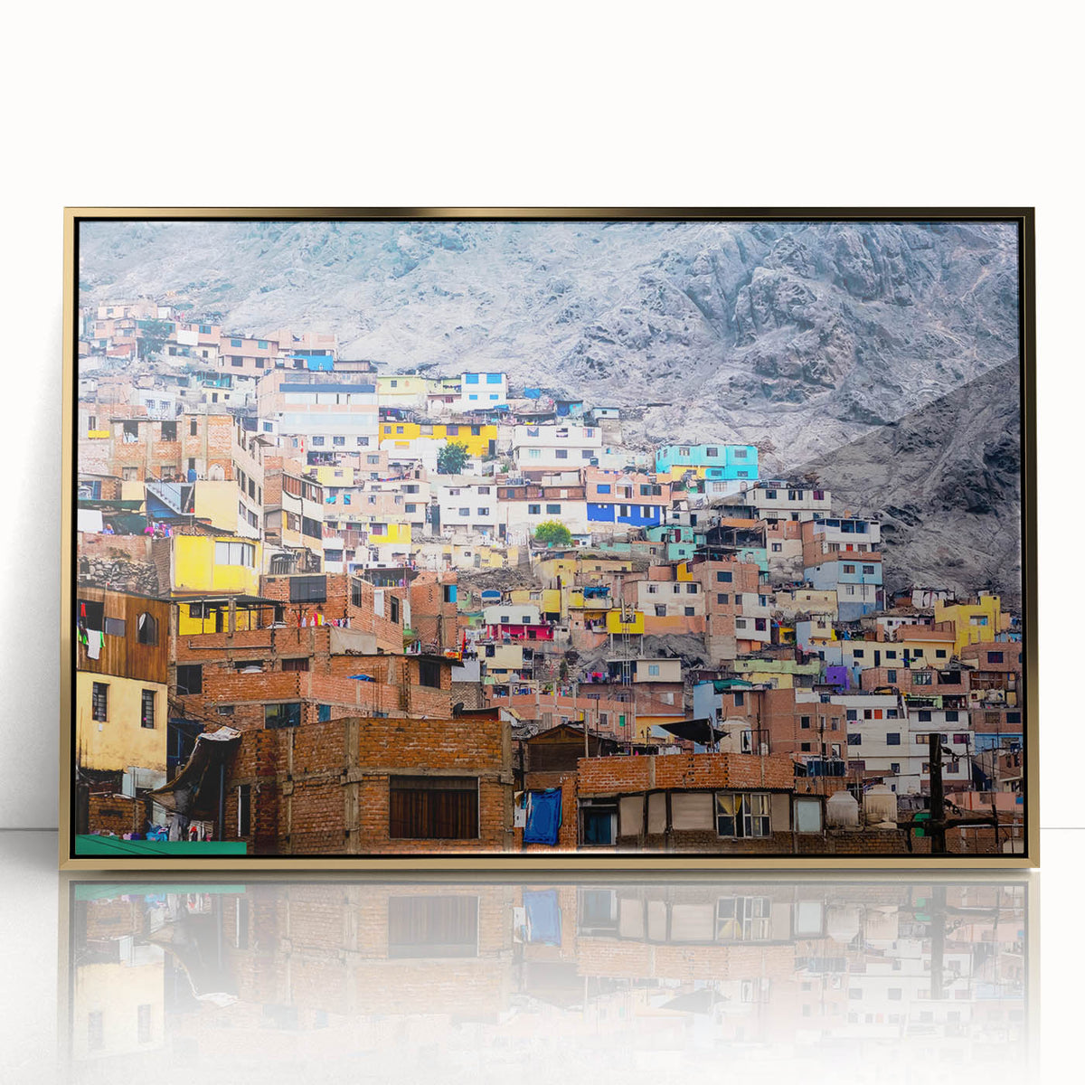 Framed acrylic print of a mid-century modernist Peruvian landscape in earth tones, ideal for modern art wall decor.