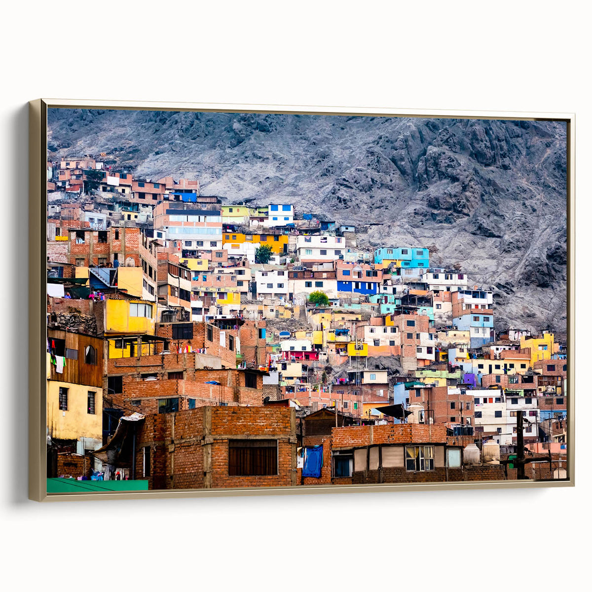 Framed canvas of a vintage-style landscape painting featuring the Peruvian scenery in muted gold and black tones.