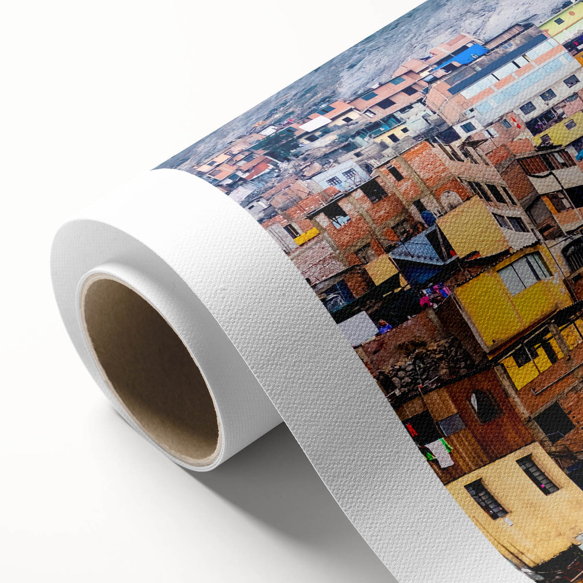 Art deco poster of a scenic view in Peru with muted earth tones on rolled canvas, ideal for nursery wall art.