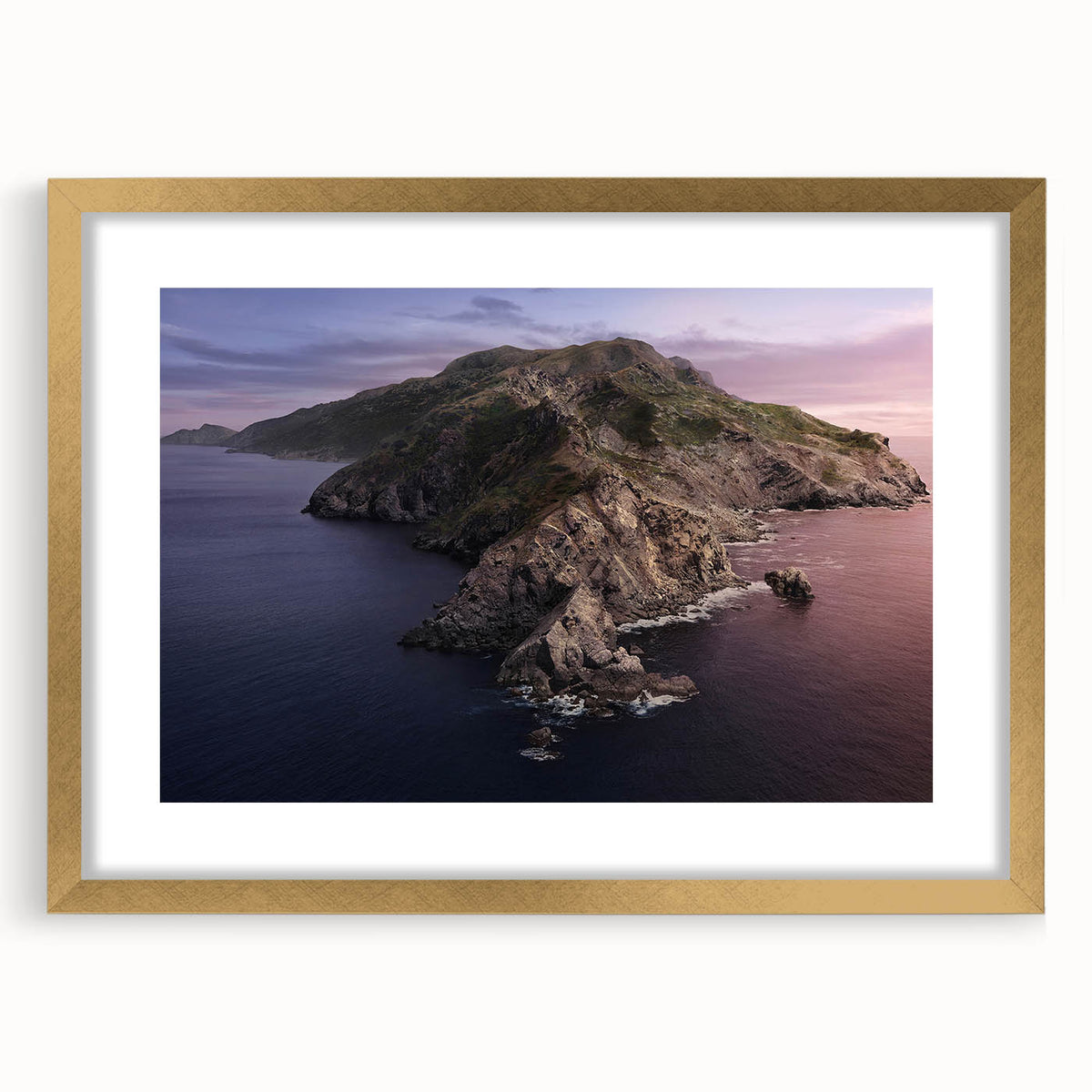 Abstract art print of Catalina, California in textured style with gold frame.