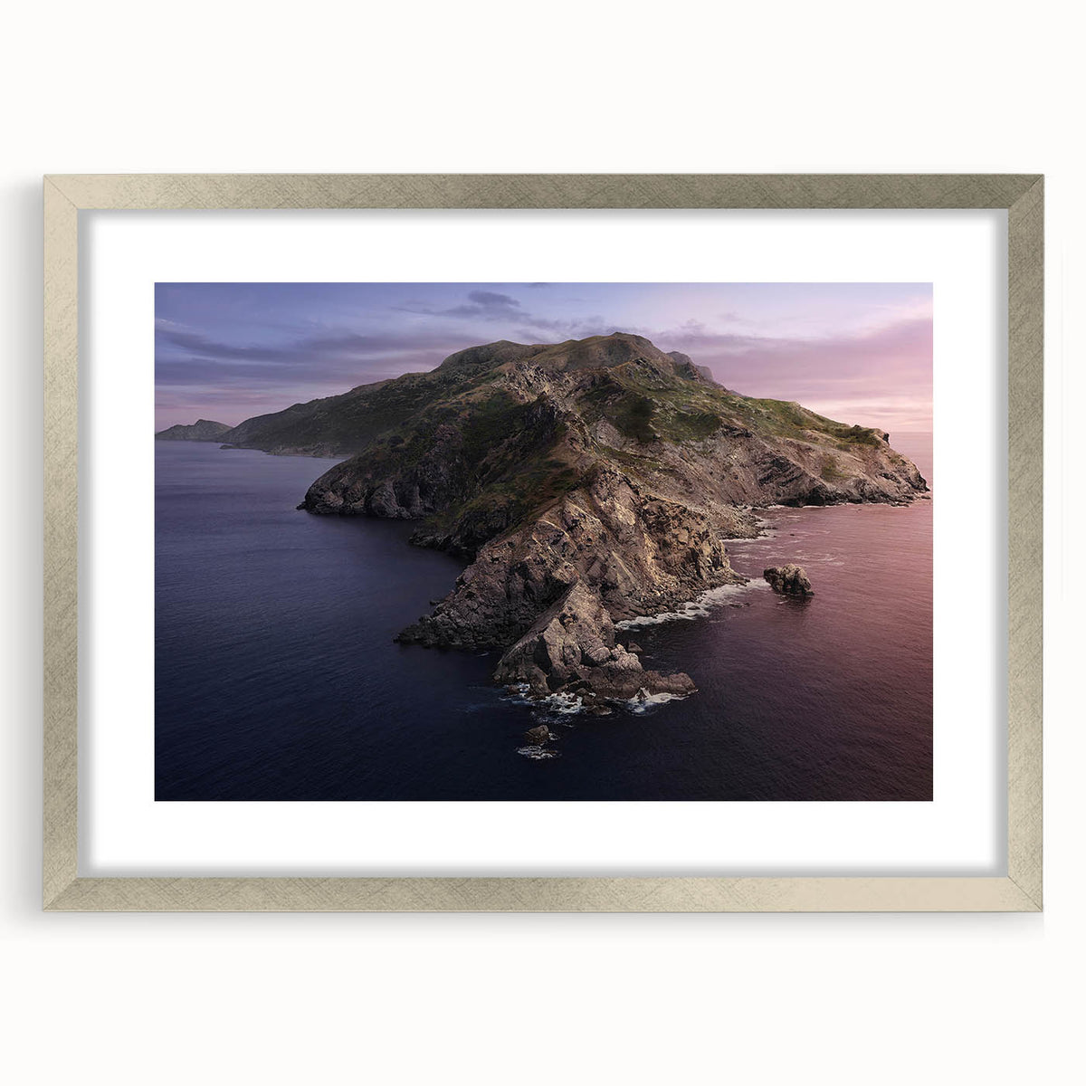 Textured art print of abstract Catalina scenery in muted blue and beige tones on a framed silver mat.