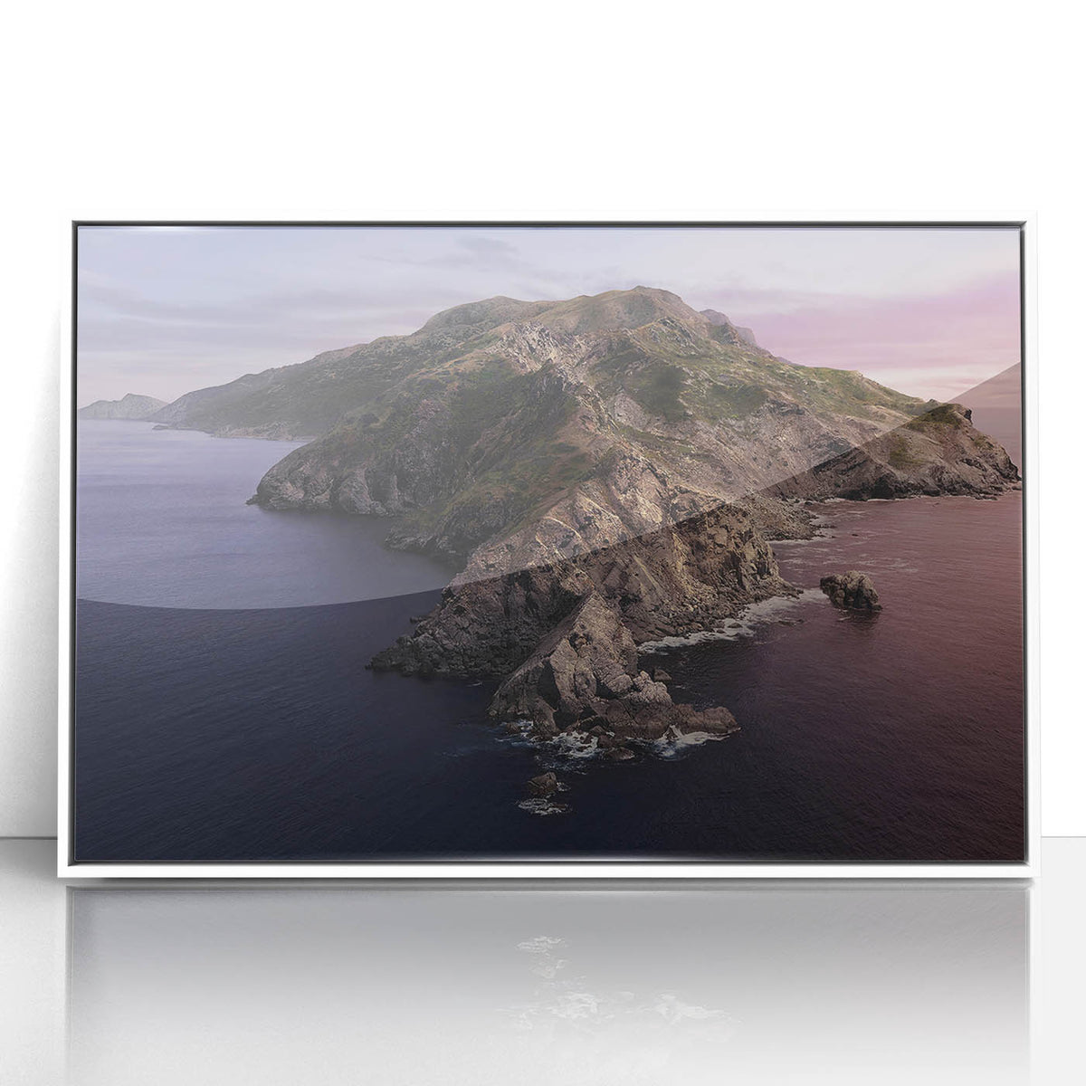 Art deco poster of Catalina, California in muted pastel colors on framed acrylic, suitable for modern nursery decor.