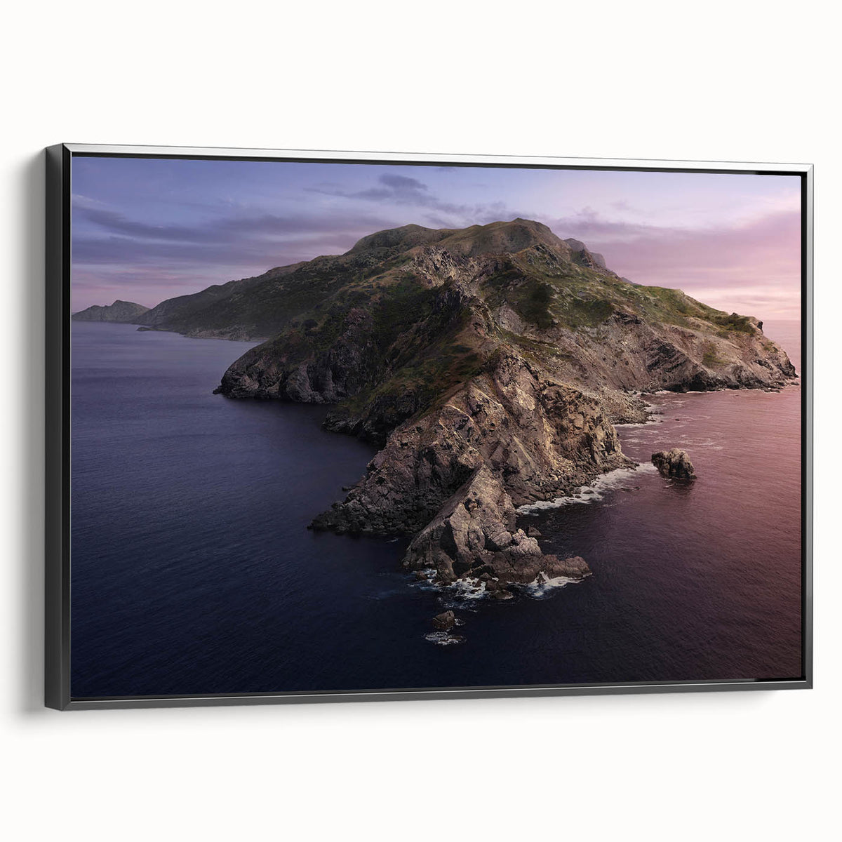 Black and white vintage poster art of Catalina landscape on framed canvas, suitable for bedroom decor.