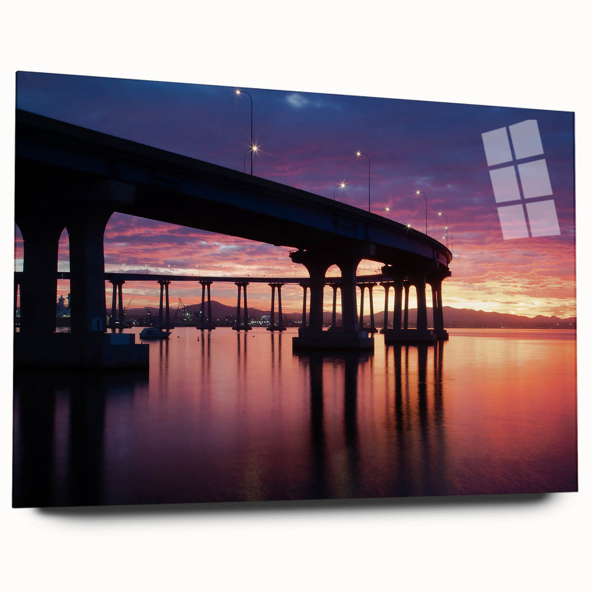 Large abstract wall art of Coronado, California in muted blue and green tones on acrylic glass.