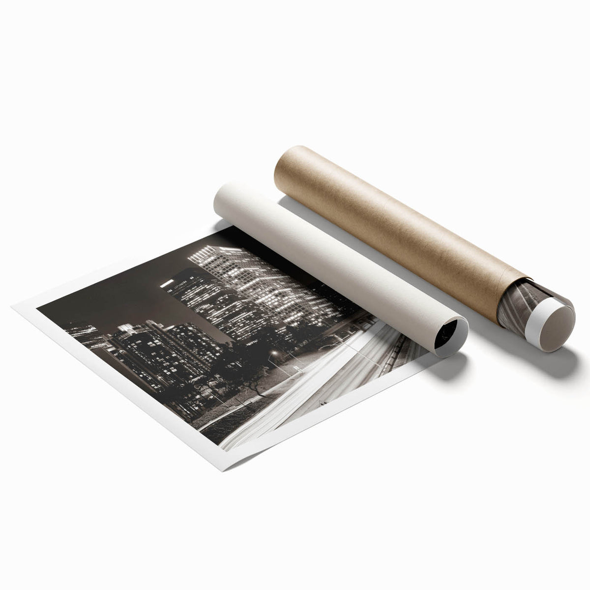 Los Angeles skyline in muted gray tones on a large rolled canvas, suitable for classy bathroom wall art.