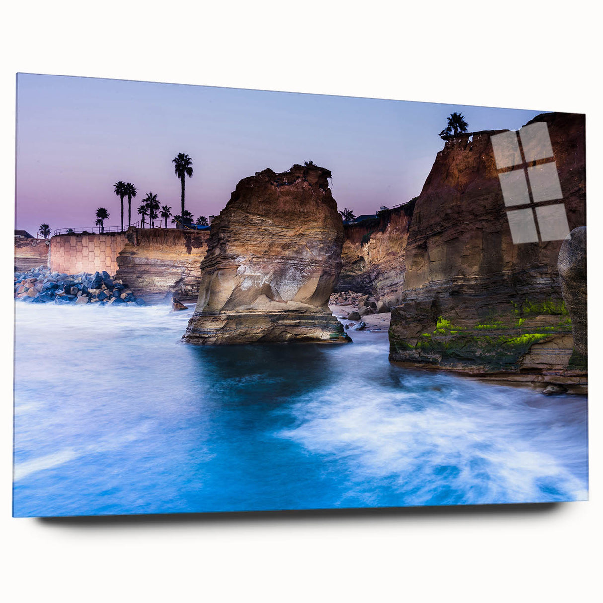 Acrylic print of San Diego skyline in muted blue and gray tones, suitable for bedroom or dining room decor.