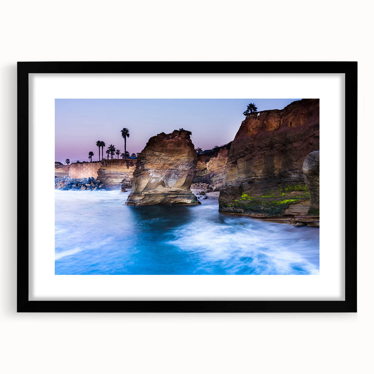 Abstract art print of San Diego skyline in vibrant colors on a large framed canvas, ideal for living room decor.
