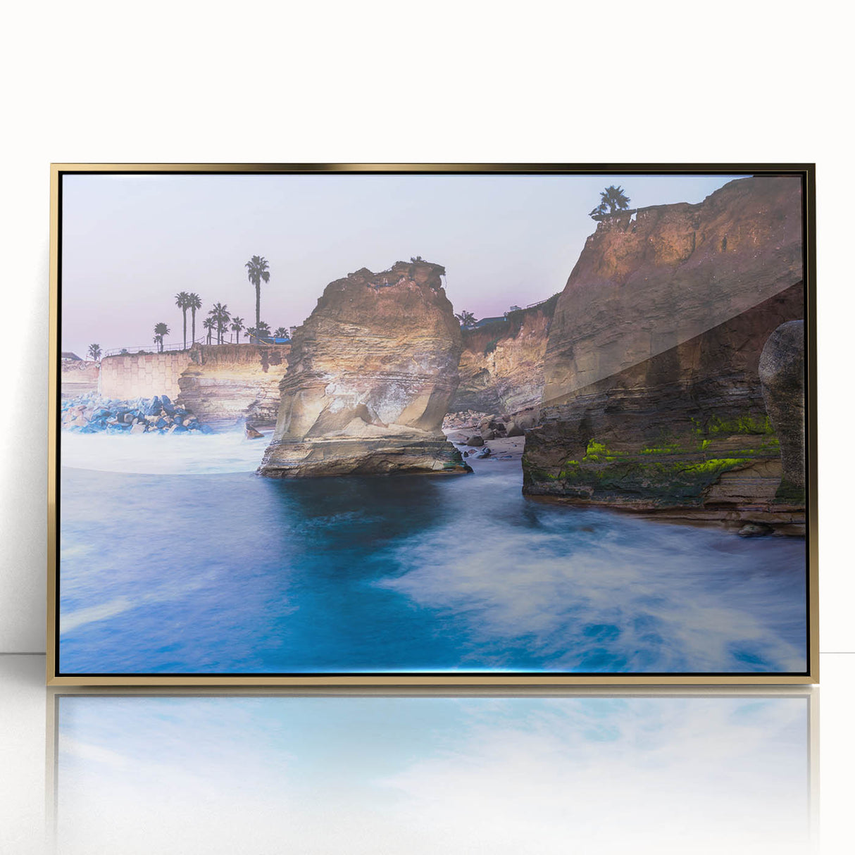 Acrylic print of San Diego skyline with gold frame, in mid-century modernist style, suitable for modern art wall decor.