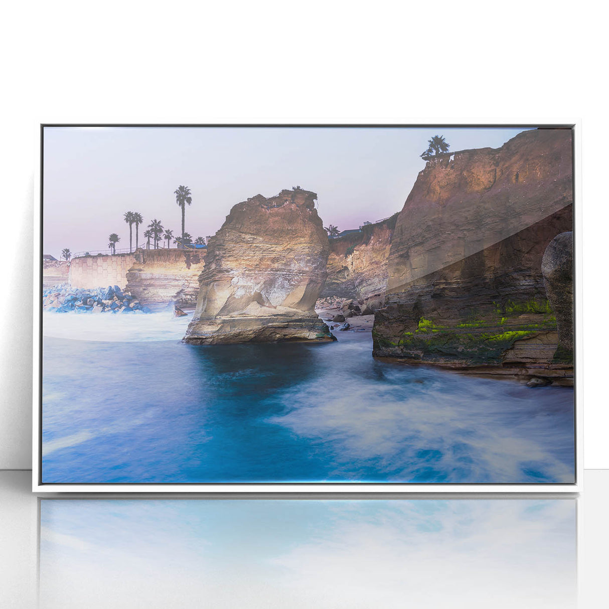 Art Deco style San Diego skyline depicted in vibrant colors on a framed acrylic, suitable for modern art wall decor.