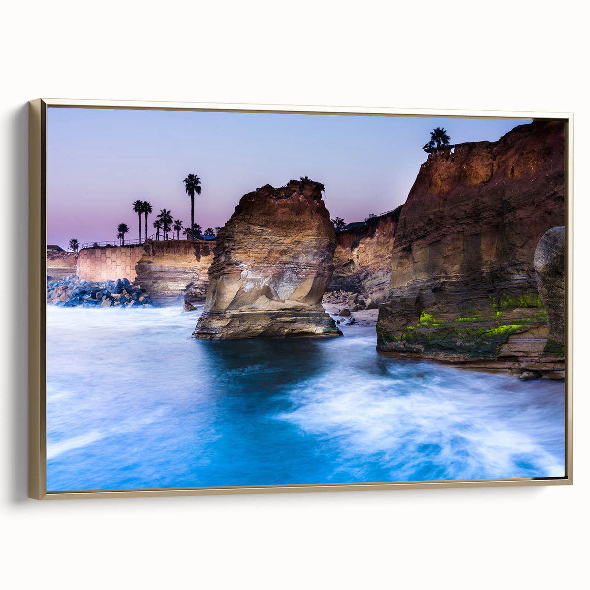 Framed canvas of a vintage-style San Diego landscape painting in muted gold and black tones, suitable for bedroom wall art.