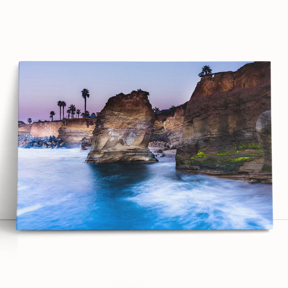 Black and white photo of San Diego skyline on stretched canvas, ideal for kitchen wall art.