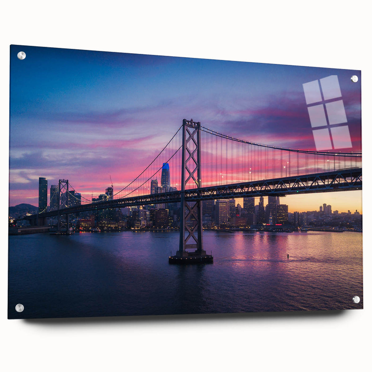 San Francisco skyline in muted gray and blue tones on large acrylic glass, suitable for modern bedroom or dining room decor.