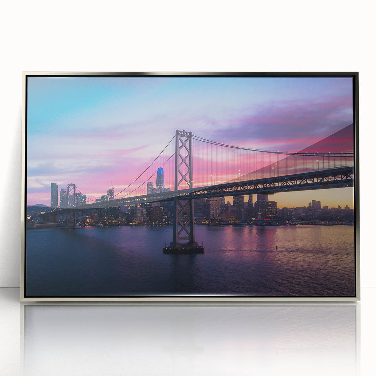 Mid-century modernist art of San Francisco skyline in muted colors on framed acrylic, ideal for nursery wall art.