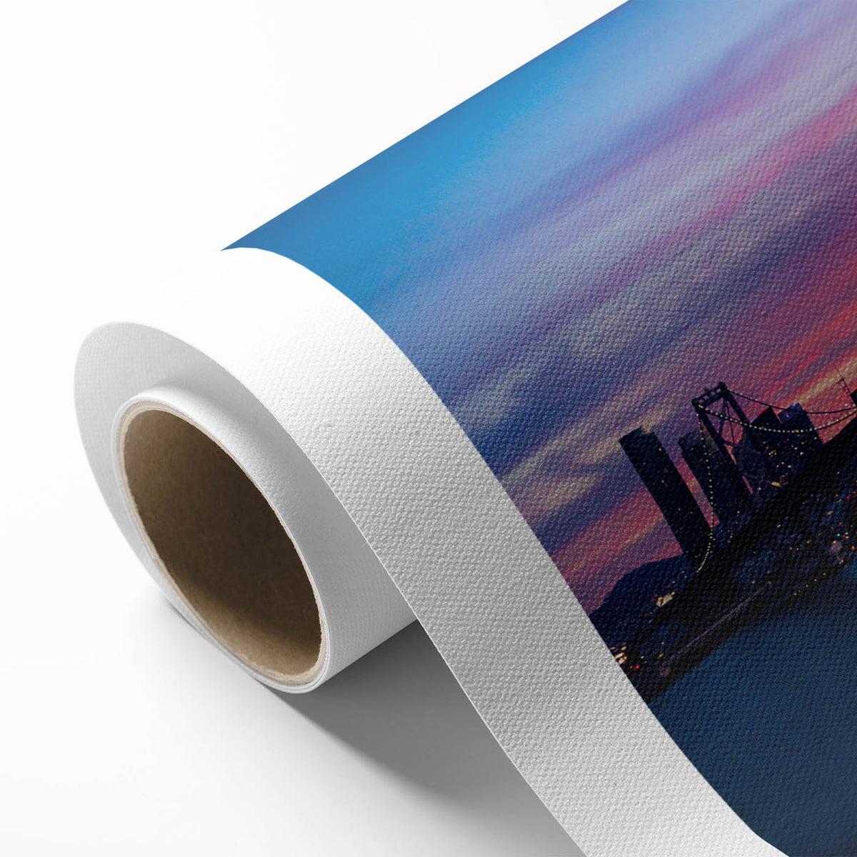 Art Deco poster of San Francisco skyline in muted blue tones on rolled canvas.
