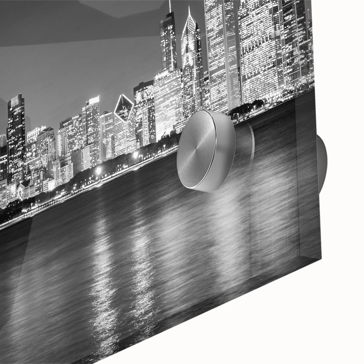 Large abstract depiction of Chicago skyline in muted blue and gray tones on acrylic glass, suitable for dining room art.