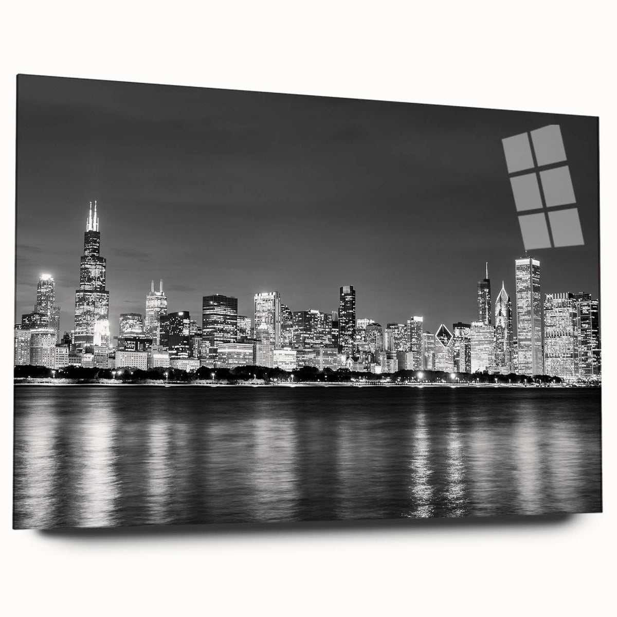 Large abstract depiction of Chicago skyline in muted gray and blue tones on acrylic glass.